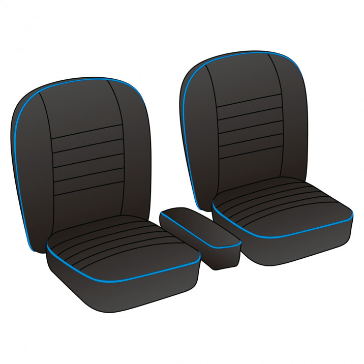 Seat Cover Set, leather, black/blue piping, pair