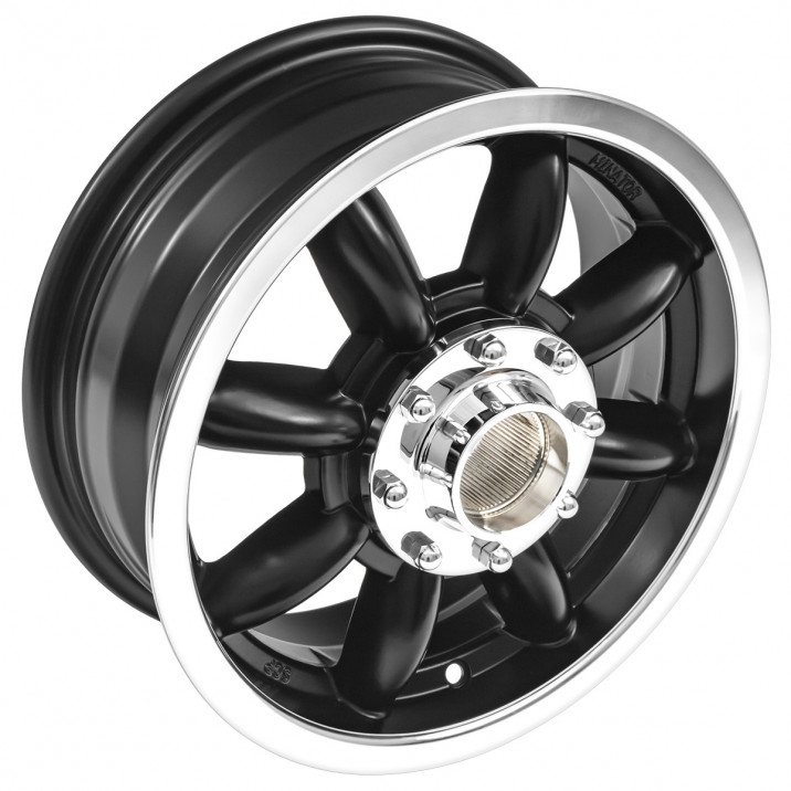Wheel, Minator, 8 spoke, aluminium, black/polished rim, centre lock, 14" x 5.5"