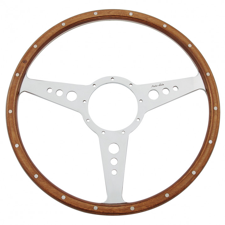 Steering Wheel, Moto-Lita Mk3, 14" wood rim, polished spokes, holes, flat