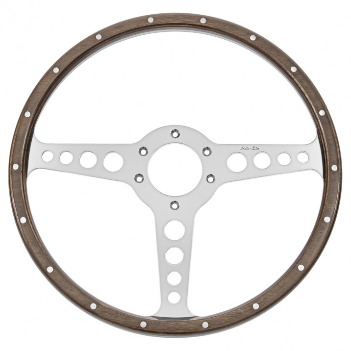 Steering Wheel, 14 inch, mahogany with rivets, T spoke with holes, Moto-Lita