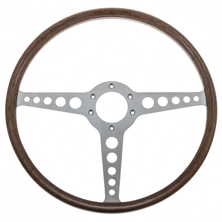 Steering Wheel, 15inch, 3 spoke, polished, mahogany, T spoke, Moto-Lita