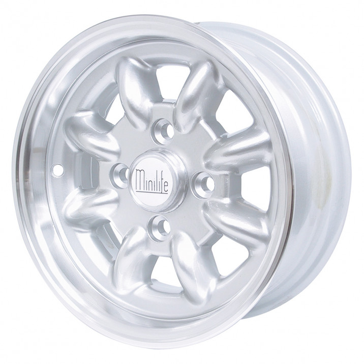 Wheel, Minilite, 8 spoke, aluminium, silver, 12" x 5"