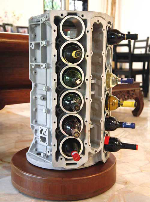 Engine block wine rack